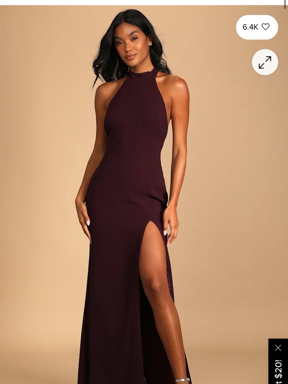 Lulu's Plum High-Neck Halter Gown with Thigh Slit